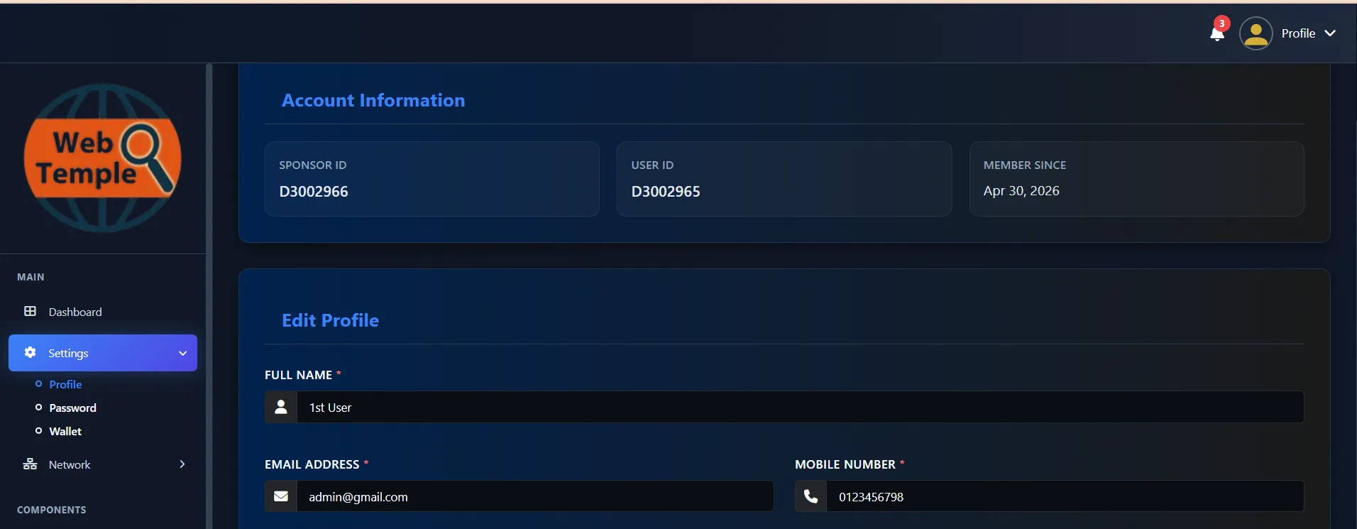 User Member Dashboard